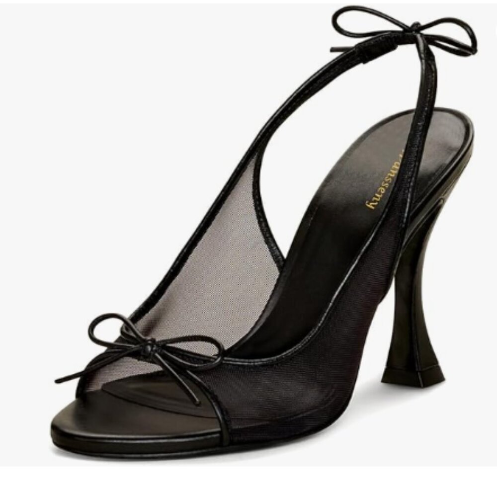 Wansseny Black Open Toe Bowknot Slingback Mesh Slip on Spool High Heels Sandals